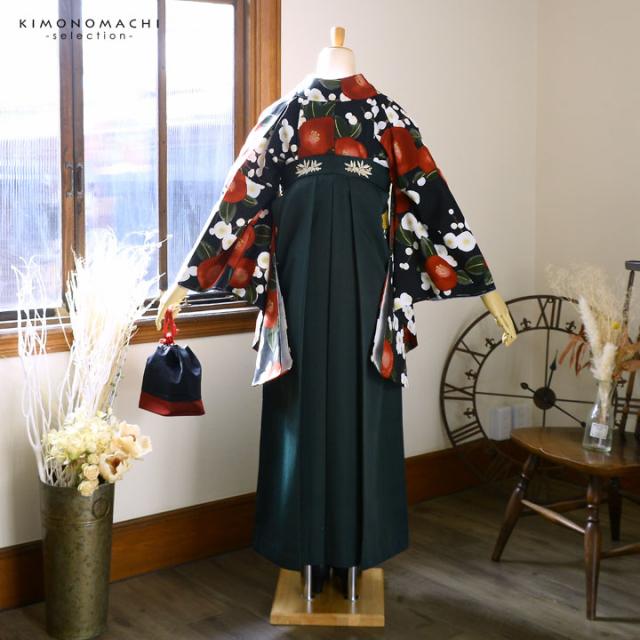 袴 セット 卒業式 女性 4点セット「二尺袖:梅椿 黒地+刺繍袴:ダークグリーン+袴下帯:イエローオーカー+襦袢」卒業式 女性 レディース お仕立て上がり 袴セット 二尺袖着物セット 着物 二尺着物 袴【メール便不可】