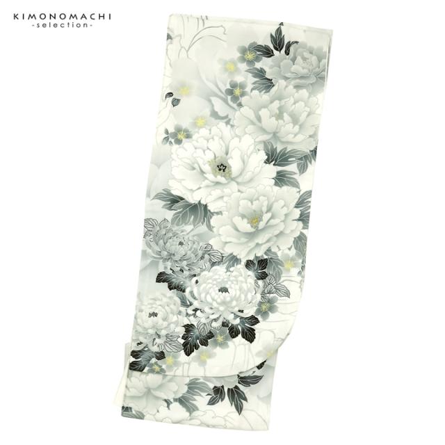 二尺袖着物 単品 絵羽「白地、灰黄緑 牡丹に菊」Fサイズ お仕立て上がり 短丈 ショート丈 レディース 洗える着物 二尺袖 着物 袴に合わせて 卒業式 謝恩会【メール便不可】