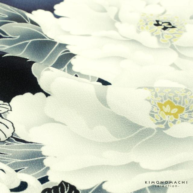 二尺袖着物 単品 絵羽「濃紺地、紺青 牡丹に菊」Fサイズ お仕立て上がり 短丈 ショート丈 レディース 洗える着物 二尺袖 着物 袴に合わせて 卒業式 謝恩会【メール便不可】