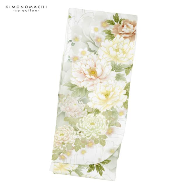 二尺袖着物 単品 絵羽「白地、白緑 牡丹に菊」Fサイズ お仕立て上がり 短丈 ショート丈 レディース 洗える着物 二尺袖 着物 袴に合わせて 卒業式 謝恩会【メール便不可】