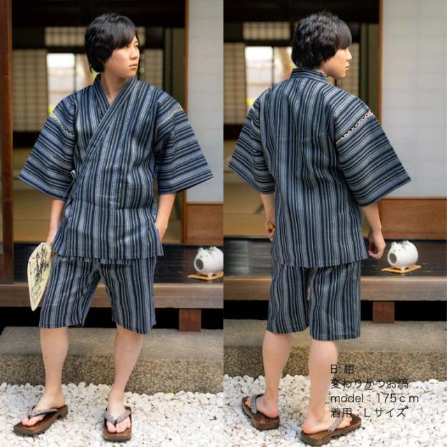 メンズ甚平 リサイクル糸 「三色やたら縞、変わりかつお縞、金通縞、変わり縞」 SDGs サステナブル 綿ポリエステル S M L LL 3L 4L