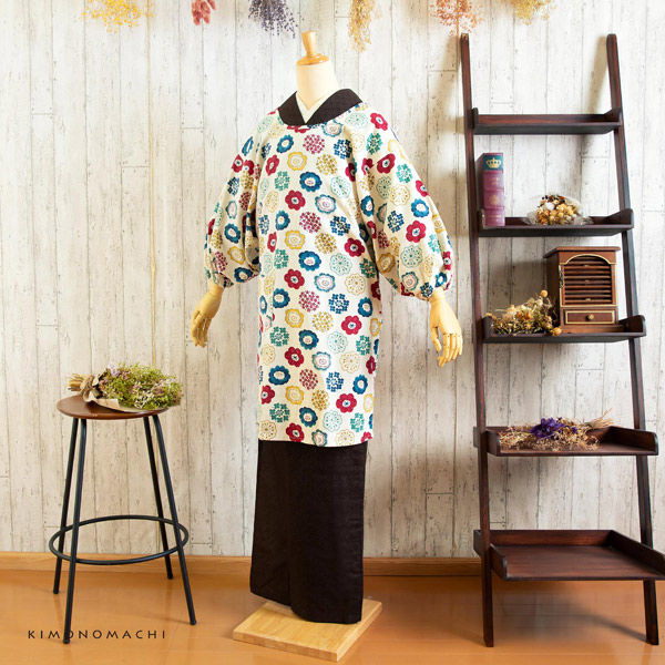 ロング丈 割烹着「生成り色　編み物風のお花」日本製 オシャレ かわいい 綿割烹着 ロング割烹着 着物割烹着 エプロン プレゼント最適品 【送料無料】【メール便不可】