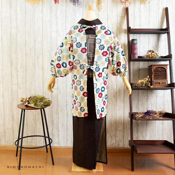 ロング丈 割烹着「生成り色　編み物風のお花」日本製 オシャレ かわいい 綿割烹着 ロング割烹着 着物割烹着 エプロン プレゼント最適品 【送料無料】【メール便不可】