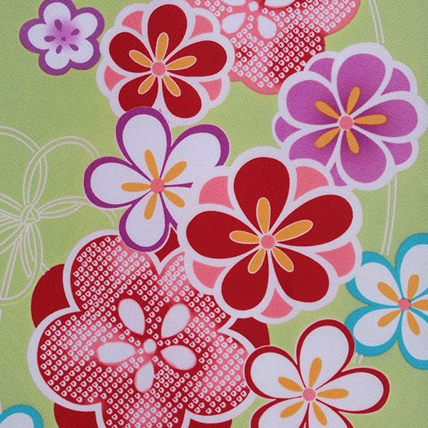 【中古品】卒業式袴セット 「二尺袖：緑　疋田梅+袴：ピンク×桜 刺繍」 貸衣装処分 レンタル処分品 二尺袖 袴 卒業式、謝恩会に 【メール便不可】