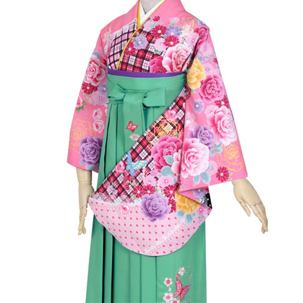 【中古品】ジュニア用 振袖単品 「ピンク　チェックにバラとレース」 仕立て上がり 着物 小振袖 二尺袖 袴に合わせて ショート丈 子ども 子供 キッズ ジュニア 女の子 卒業式 入学式 小学校 小学生 中学校 中学生 十三参り 十三詣り 貸衣装処分 レンタル処分品【メール便不可】