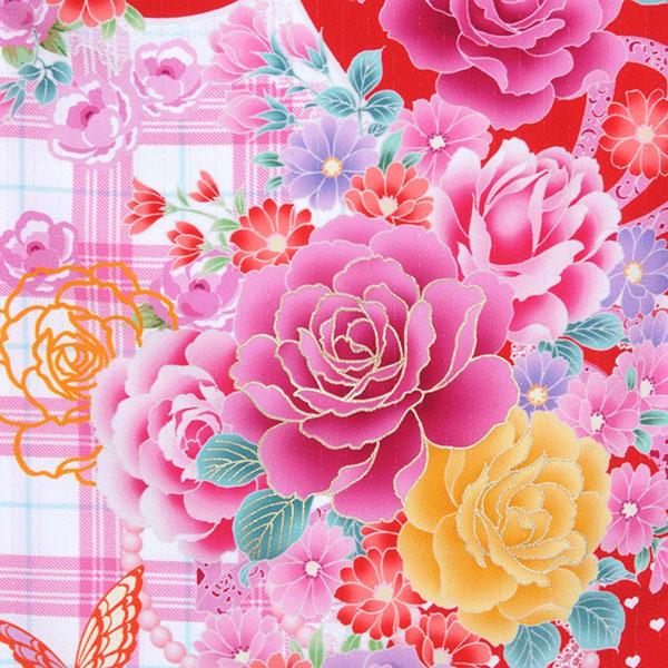 【中古品】ジュニア用 振袖単品 「赤　チェックにバラとレース」 仕立て上がり 着物 小振袖 二尺袖 袴に合わせて ショート丈 子ども 子供 キッズ ジュニア 女の子 卒業式 入学式 小学校 小学生 中学校 中学生 十三参り 十三詣り 貸衣装処分 レンタル処分品【メール便不可】