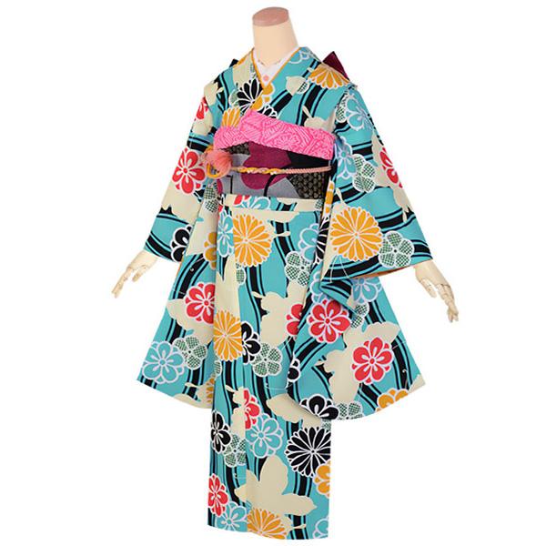 【中古品】ジュニア用 振袖単品 「水色 立涌に蝶」 仕立て上がり 襦袢プレゼント 小振袖 着物 子ども 子供 キッズ ジュニア 女の子 卒業式 小学校 小学生 中学校 中学生 十三参り 十三詣り 1/2成人式 ハーフ成人式 貸衣装処分 レンタル処分品【メール便不可】