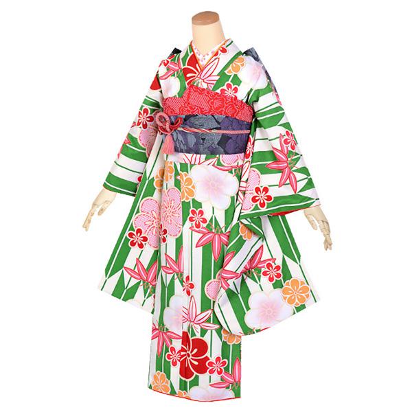 【中古品】ジュニア用 振袖単品 「緑 矢羽根にねじり梅と笹竹」 仕立て上がり 襦袢プレゼント 小振袖 着物 子ども 子供 キッズ ジュニア 女の子 卒業式 小学校 小学生 中学校 中学生 十三参り 十三詣り 1/2成人式 ハーフ成人式 貸衣装処分 レンタル処分品【メール便不可】