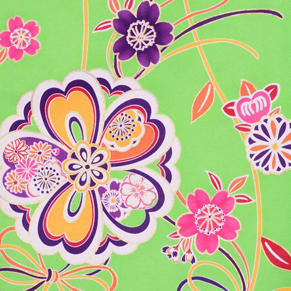 【中古品】ジュニア用 振袖単品 「黄緑　花と結び紐」 和遊日 仕立て上がり 着物 小振袖 二尺袖 子ども 子供 キッズ ジュニア 女の子 卒業式 小学校 小学生 中学校 中学生 十三参り 十三詣り 1/2成人式 ハーフ成人式 貸衣装処分 レンタル処分品【メール便不可】