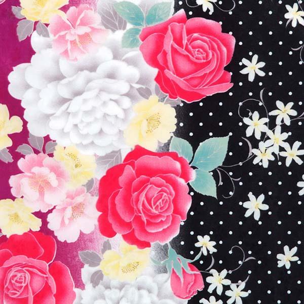 【中古品】ジュニア用 振袖単品「黒×赤紫　ドットにピンクの薔薇」仕立て上がり 小振袖 着物 子ども 子供 キッズ ジュニア 女の子 卒業式 小学校 小学生 中学校 中学生 十三参り 十三詣り 1/2成人式 ハーフ成人式 貸衣装処分 レンタル処分品 【メール便不可】