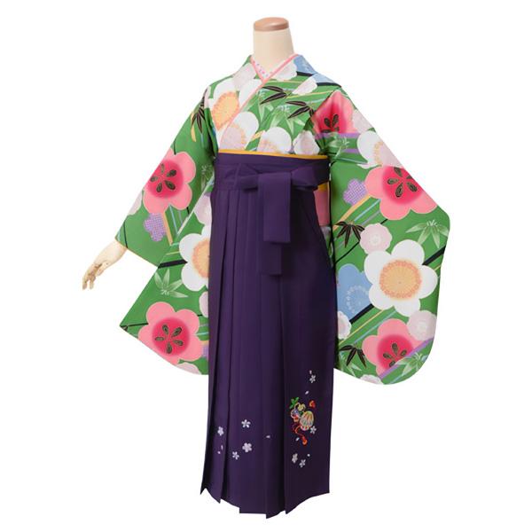 【中古品】ジュニア用 振袖単品「緑　斜め縞に笹梅」仕立て上がり 小振袖 着物 子ども 子供 キッズ ジュニア 女の子 卒業式 小学校 小学生 中学校 中学生 十三参り 十三詣り 1/2成人式 ハーフ成人式 貸衣装処分 レンタル処分品 【メール便不可】