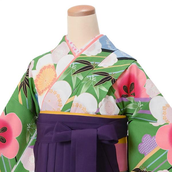 【中古品】ジュニア用 振袖単品「緑　斜め縞に笹梅」仕立て上がり 小振袖 着物 子ども 子供 キッズ ジュニア 女の子 卒業式 小学校 小学生 中学校 中学生 十三参り 十三詣り 1/2成人式 ハーフ成人式 貸衣装処分 レンタル処分品 【メール便不可】