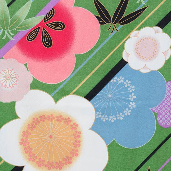 【中古品】ジュニア用 振袖単品「緑　斜め縞に笹梅」仕立て上がり 小振袖 着物 子ども 子供 キッズ ジュニア 女の子 卒業式 小学校 小学生 中学校 中学生 十三参り 十三詣り 1/2成人式 ハーフ成人式 貸衣装処分 レンタル処分品 【メール便不可】