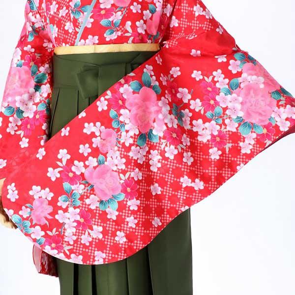 【中古品】二尺袖 単品「赤 市松にバラ」貸衣装処分 レンタル処分品 卒業式 【メール便不可】