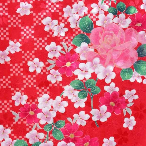 【中古品】二尺袖 単品「赤 市松にバラ」貸衣装処分 レンタル処分品 卒業式 【メール便不可】