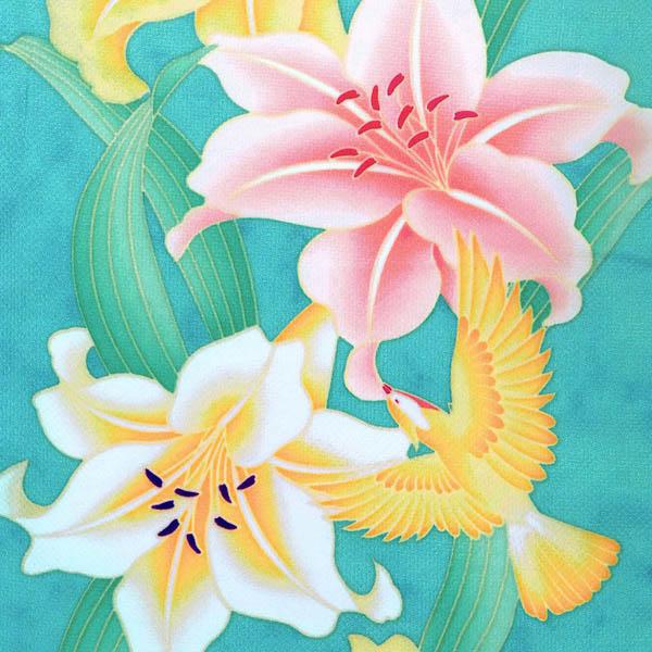 【中古品】二尺袖 単品「緑　百合に小鳥」貸衣装処分 レンタル処分品 卒業式 【メール便不可】