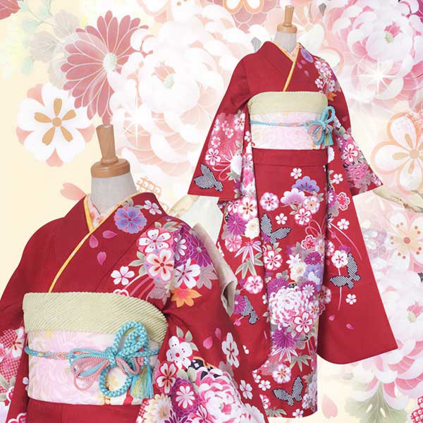 【訳アリ】【中古品】仕立て上がり 振袖 単品「赤 雪輪に薬玉文と蝶」貸衣装処分 レンタル処分品【メール便不可】ss2512fml10