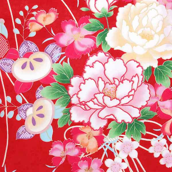 中古品】二尺袖 単品「赤 牡丹と橘」貸衣装処分 レンタル処分品 卒業式