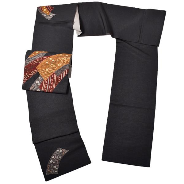 【中古品】仕立て上がり 袋帯 「墨色に四季の短冊文様」 染帯 染め帯 洒落帯 【メール便不可】