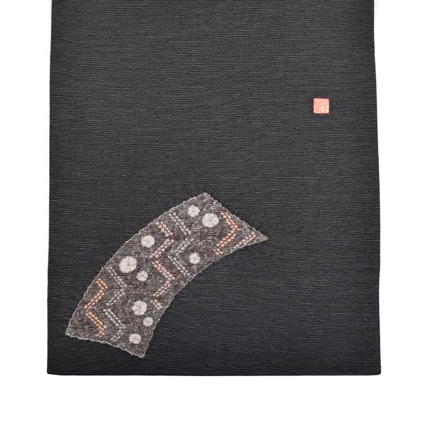 【中古品】仕立て上がり 袋帯 「墨色に四季の短冊文様」 染帯 染め帯 洒落帯 【メール便不可】