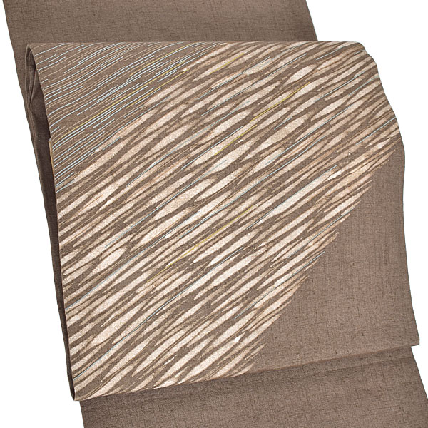 【新古品】「黄枯茶　モダン　閃光　斜め文様」仕立て上がり 袋帯 お太鼓柄 正絹【メール便不可】