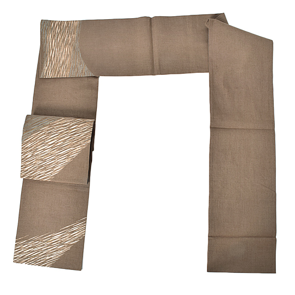 【新古品】「黄枯茶　モダン　閃光　斜め文様」仕立て上がり 袋帯 お太鼓柄 正絹【メール便不可】