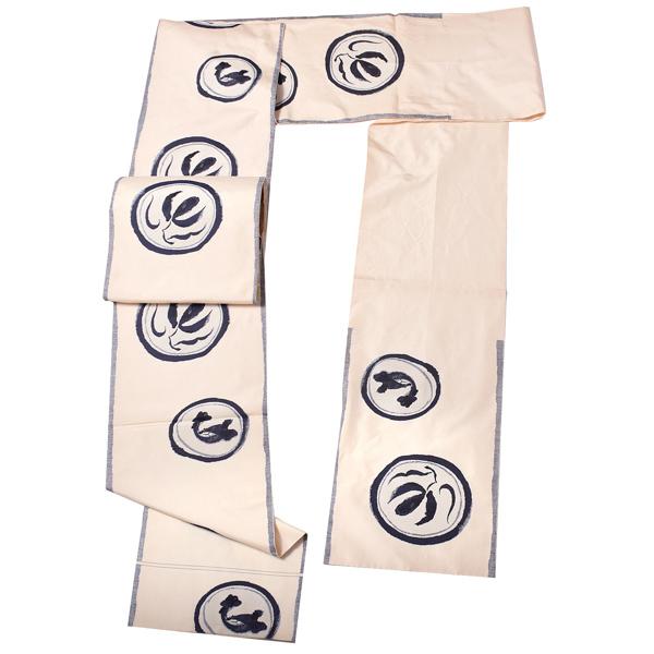 【中古品】仕立て上がり 袋帯 「白地に黒紺　抽象画の丸紋」 西陣織 日本製 【メール便不可】