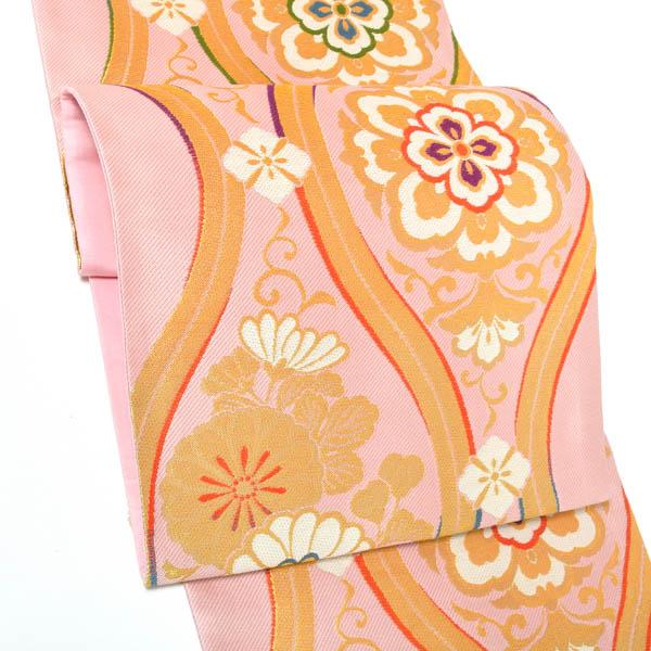 【中古品】仕立上がり 振袖用 袋帯 単品「ピンク 立涌華文」仕立て上がり 振袖用 礼装用袋帯 六通柄 成人式 貸衣装処分 レンタル処分品【メール便不可】