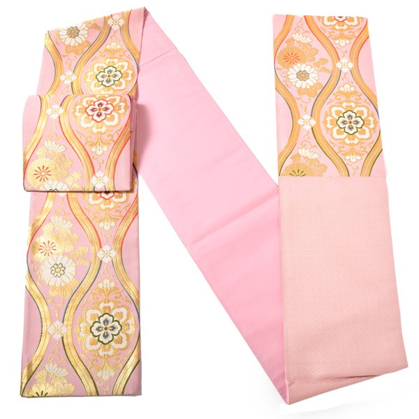 【中古品】仕立上がり 振袖用 袋帯 単品「ピンク 立涌華文」仕立て上がり 振袖用 礼装用袋帯 六通柄 成人式 貸衣装処分 レンタル処分品【メール便不可】