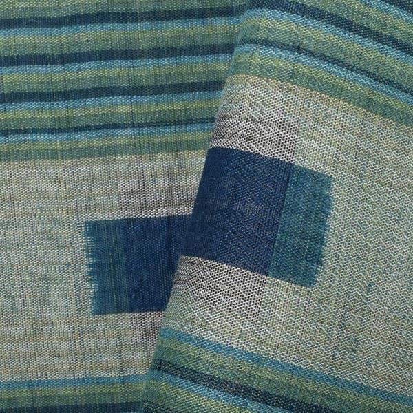 中古品】仕立て上がり 九寸名古屋帯 「青緑 縞に十字絣」 上布