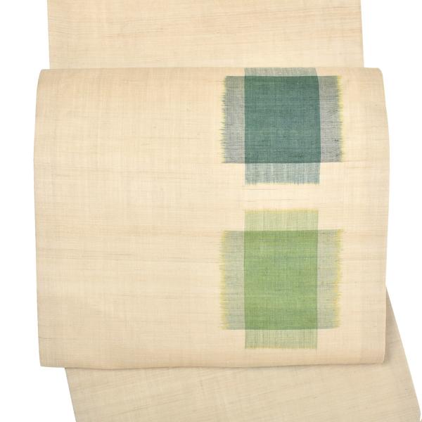 中古品】仕立て上がり 九寸名古屋帯 「生成りに緑の十字絣」 開き