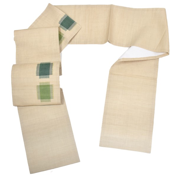 中古品】仕立て上がり 九寸名古屋帯 「生成りに緑の十字絣」 開き