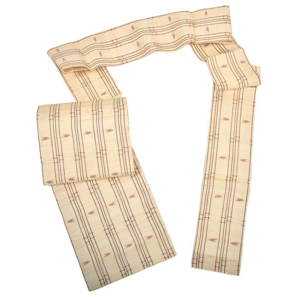 【中古品】仕立て上がり 九寸名古屋帯 「生成り　縞に羽根」 上布 【メール便不可】