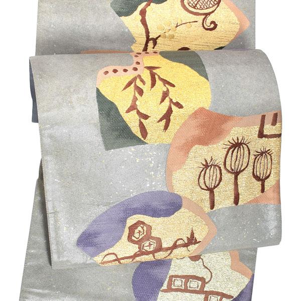 【新古品】「グレー　砂子箔　民謡柄」仕立て上がり 袋帯 全通柄【メール便不可】