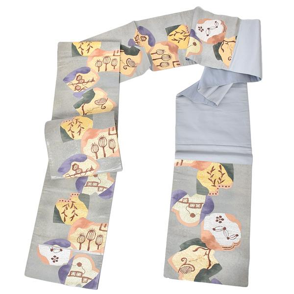 【新古品】「グレー　砂子箔　民謡柄」仕立て上がり 袋帯 全通柄【メール便不可】