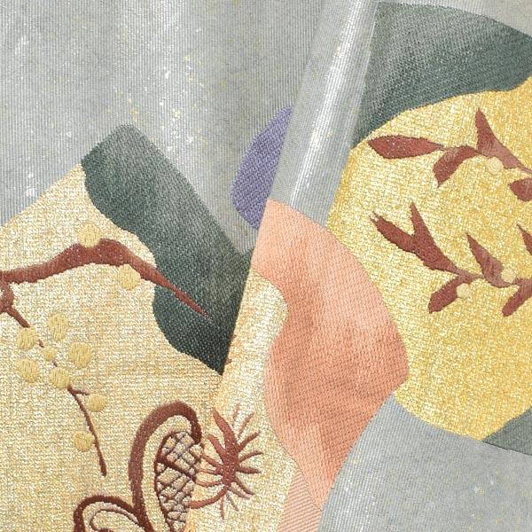 【新古品】「グレー　砂子箔　民謡柄」仕立て上がり 袋帯 全通柄【メール便不可】