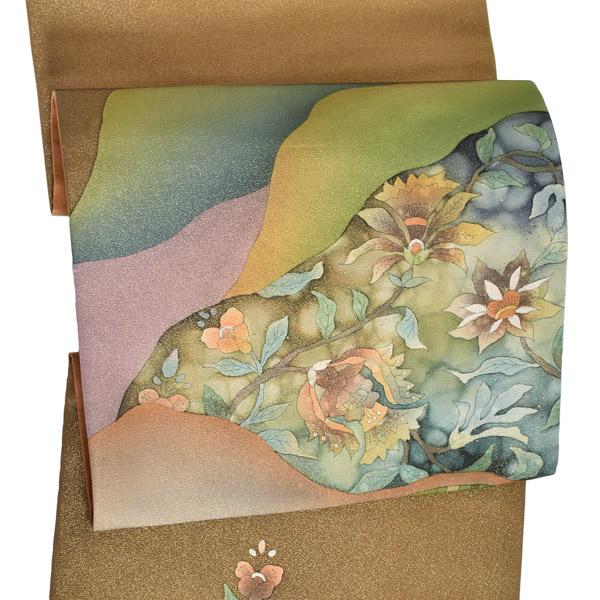 【新古品】「手描き友禅　桑茶　雲取りに宝相華風　作家物」仕立て上がり 袋帯 全通柄【メール便不可】
