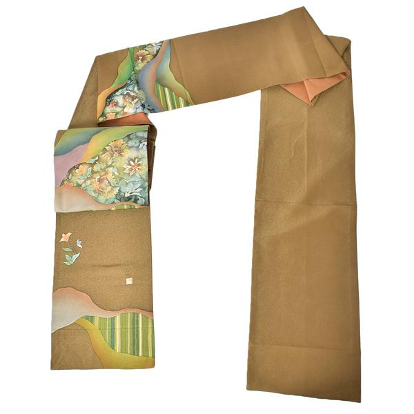 【新古品】「手描き友禅　桑茶　雲取りに宝相華風　作家物」仕立て上がり 袋帯 全通柄【メール便不可】