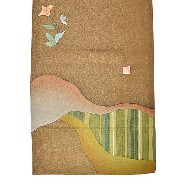 【新古品】「手描き友禅　桑茶　雲取りに宝相華風　作家物」仕立て上がり 袋帯 全通柄【メール便不可】
