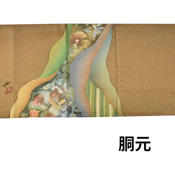【新古品】「手描き友禅　桑茶　雲取りに宝相華風　作家物」仕立て上がり 袋帯 全通柄【メール便不可】