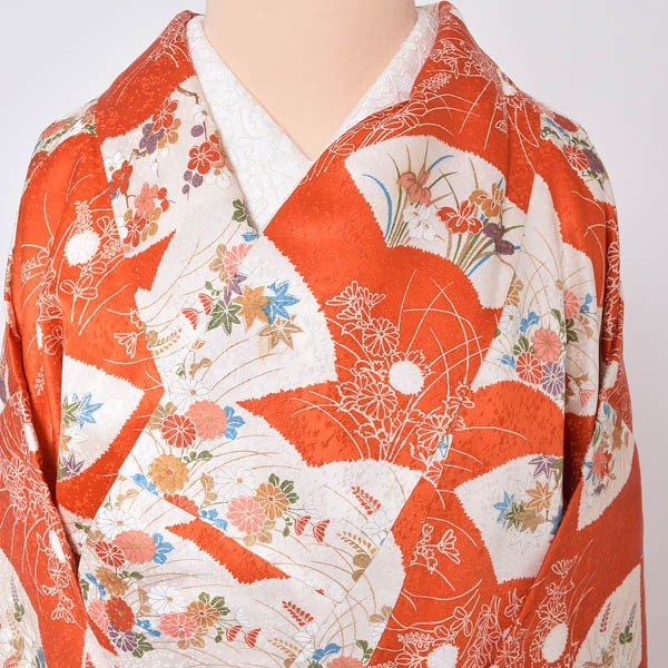 【中古品】仕立て上がり 袷着物 「朱色　扇に草花」 小紋 正絹 【メール便不可】