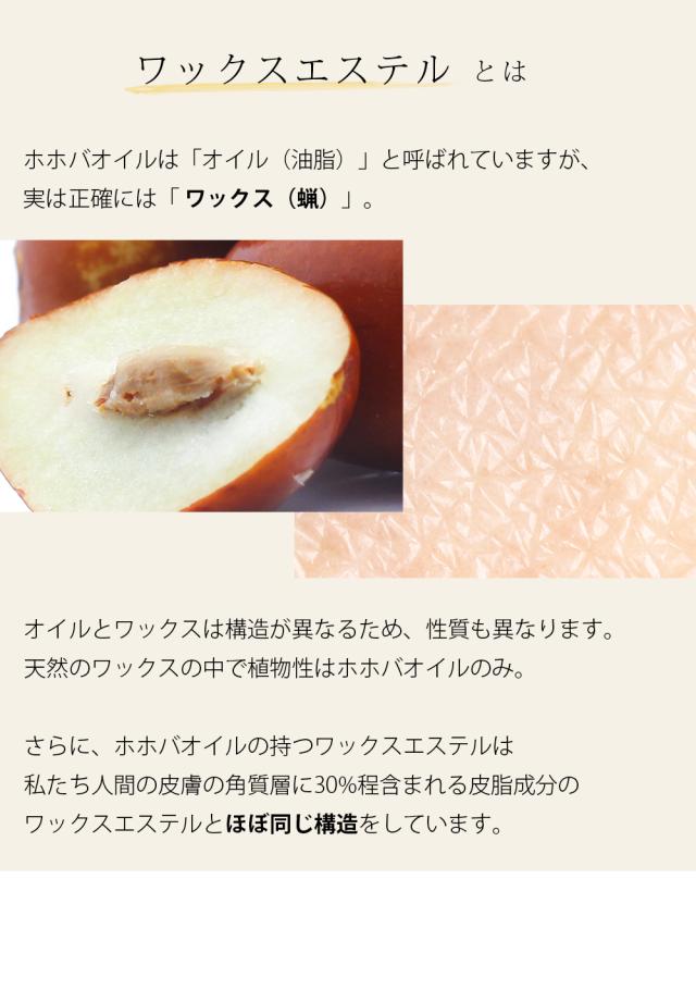 ワックスエステルとは ホホバオイルは「オイル（油脂）」と呼ばれていますが、実は正確には「 ワックス（蝋）」。オイルとワックスは構造が異なるため、性質も異なります。天然のワックスの中で植物性はホホバオイルのみ。さらに、ホホバオイルの持つワックスエステルは私たち人間の皮膚の角質層に30%程含まれる皮脂成分のワックスエステルとほぼ同じ構造をしています。