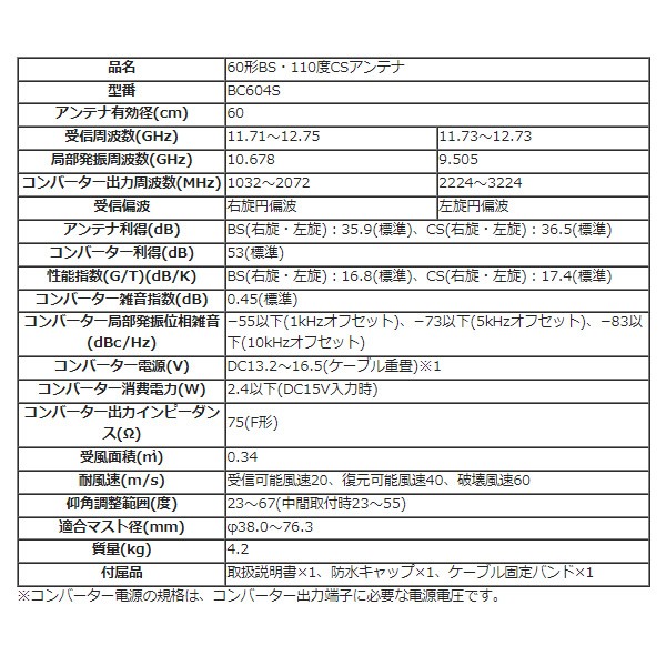 アンテナ 60形BS・110度CSアンテナ 2K・4K・8K対応 DXアンテナ BC604S