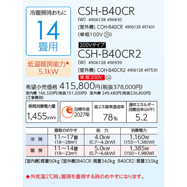 エアコン 標準工事費込 14畳 コロナ ルームエアコン ReLaLa リララ Bシリーズ 単相200V 4.0kW ホワイト CSH-B40CR2-W