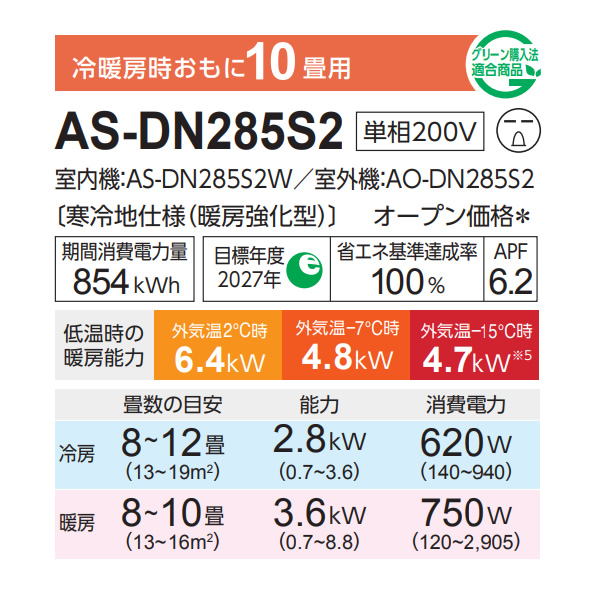エアコン 富士通ゼネラル AS-DN285S2W 寒冷地向けエアコン ゴク暖ノクリア DNシリーズ 10畳用 ホワイト 2.8kW 単相200V