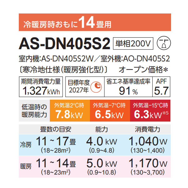 エアコン 富士通ゼネラル AS-DN405S2W 寒冷地向けエアコン ゴク暖ノクリア DNシリーズ 14畳用 ホワイト 4.0kW 単相200V