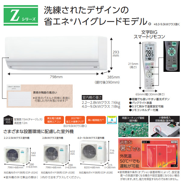 エアコン 富士通ゼネラル AS-Z405S2W ノクリア Zシリーズ 14畳用 ホワイト 4.0kW 単相200V