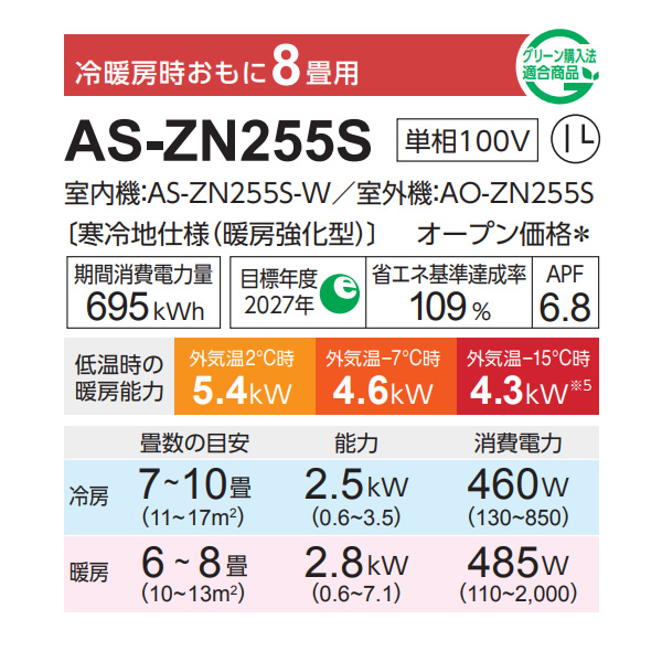 エアコン 富士通ゼネラル AS-ZN255S-W 寒冷地向けエアコン ゴク暖ノクリア ZNシリーズ 8畳用 ホワイト 2.5kW 単相100V
