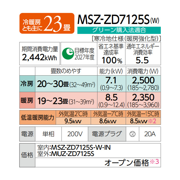 エアコン 23畳用 三菱電機 7.1kW 単相200V ズバ暖霧ヶ峰ZDシリーズ 2025年モデル MSZ-ZD7125S-W ピュアホワイト 寒冷地用ルームエアコン
