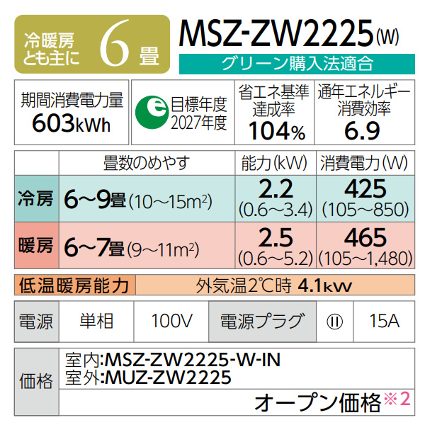 在庫あり　エアコン 6畳用 三菱電機 2.2kW 単相100V 霧ヶ峰 Zシリーズ 2025年モデル MSZ-ZW2225-W ルームエアコン ホワイト　MSZ-ZXV2225と同等品　壁掛け